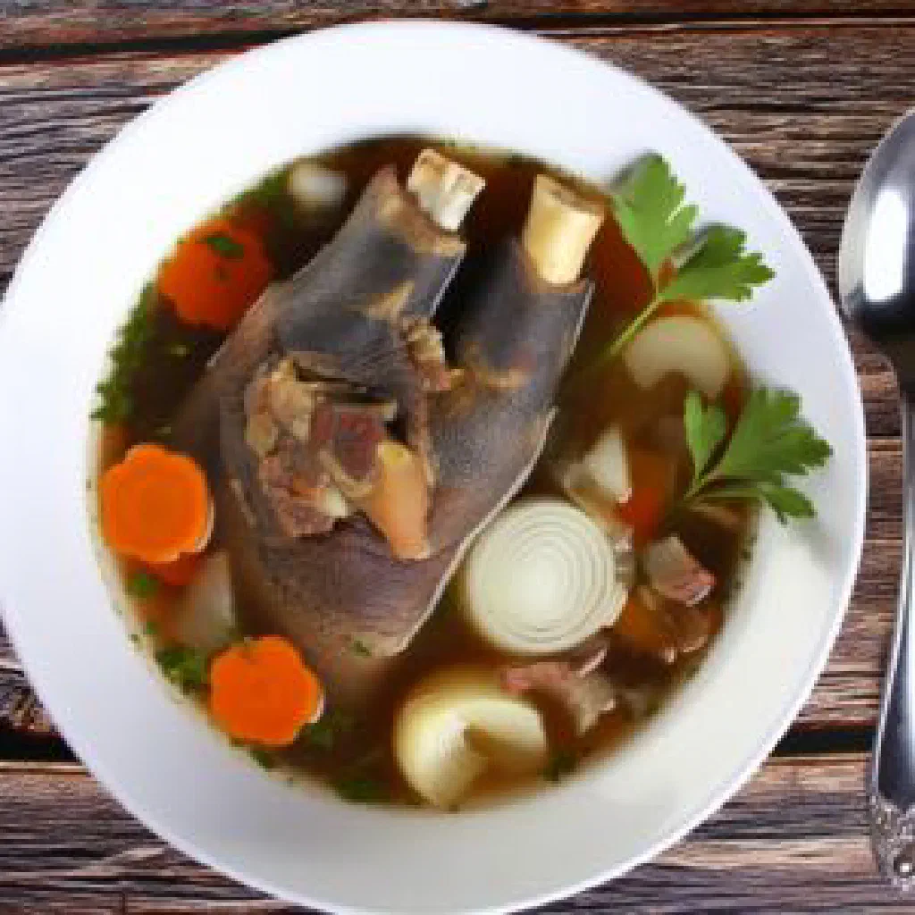 Bowl of rich Antiguan bull foot soup with vegetables and fresh parsley