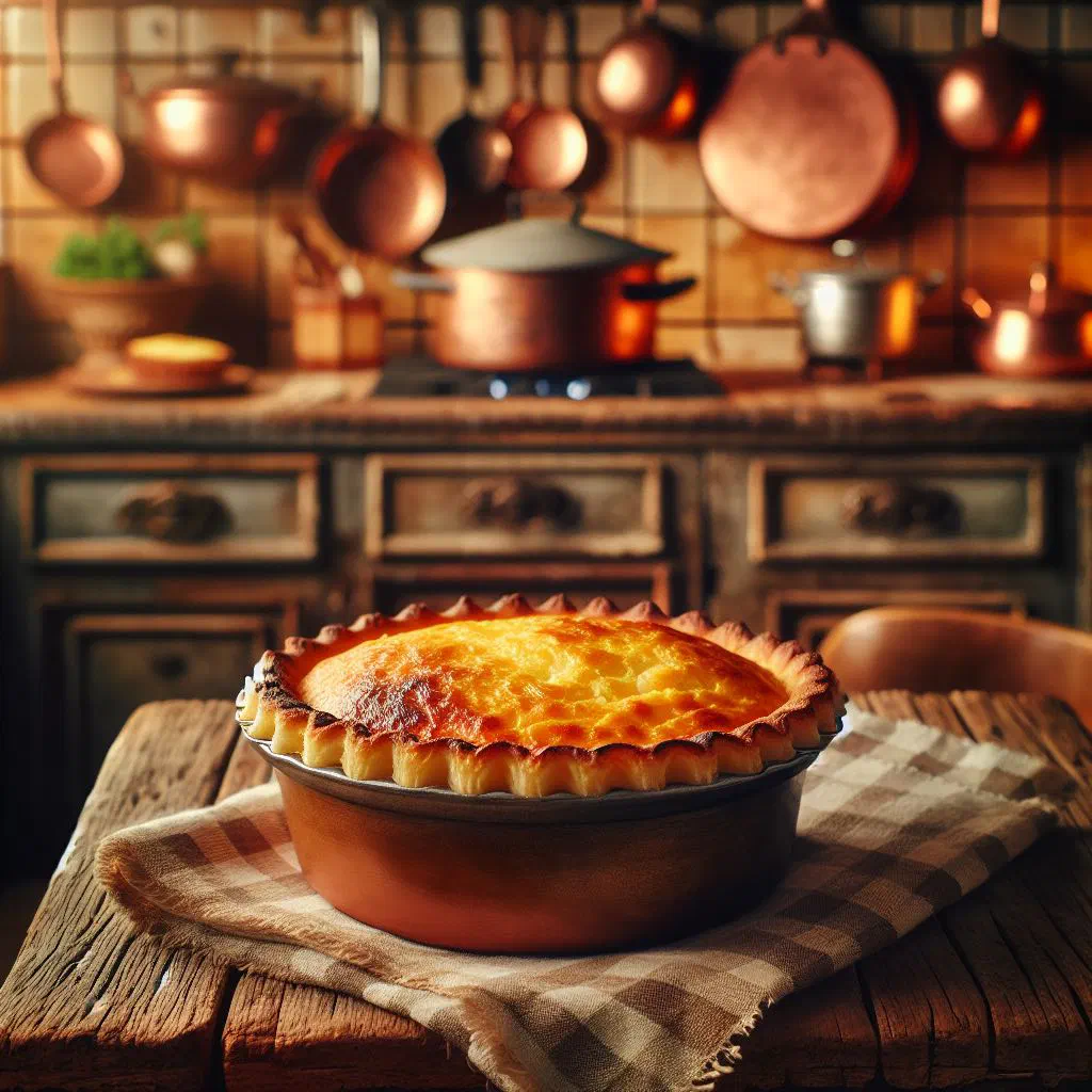 Golden baked cassava pie sliced on a plate