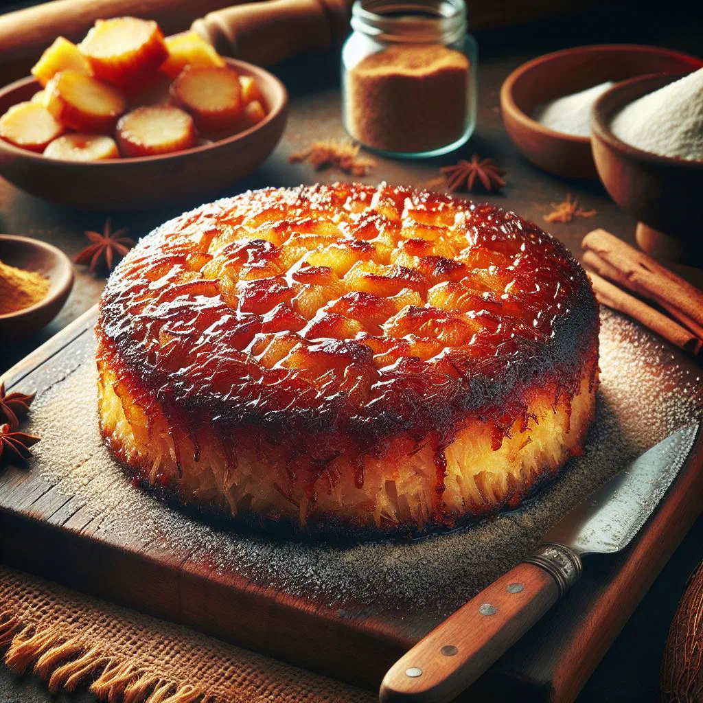 Golden baked cassava pone cut into squares with grated coconut