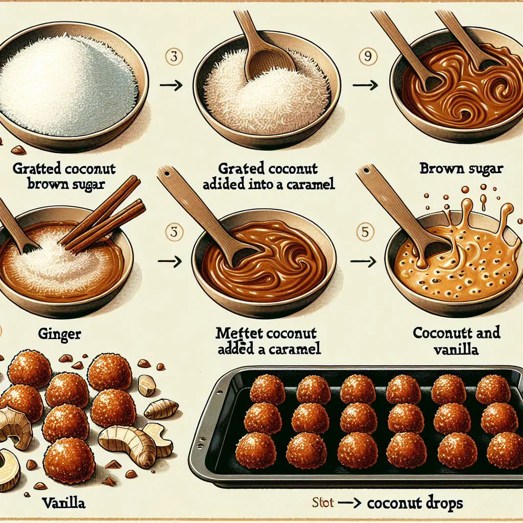 Golden baked coconut drops cooling on a wire rack