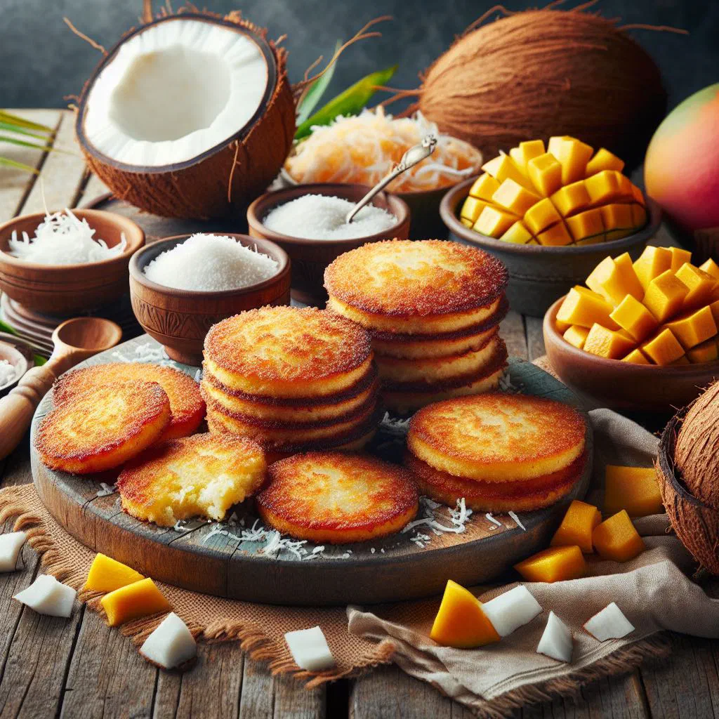 Golden fried coconut johnny cakes piled on a plate with shredded coconut