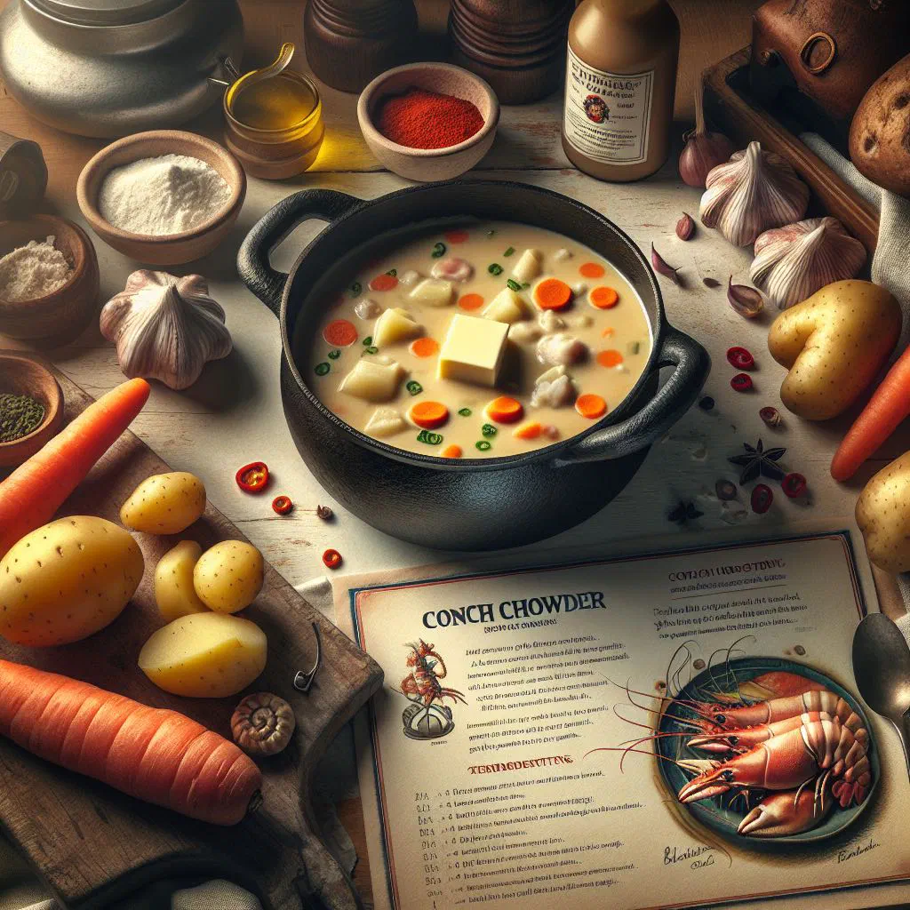 Creamy conch chowder in a bowl with fresh coriander and lime