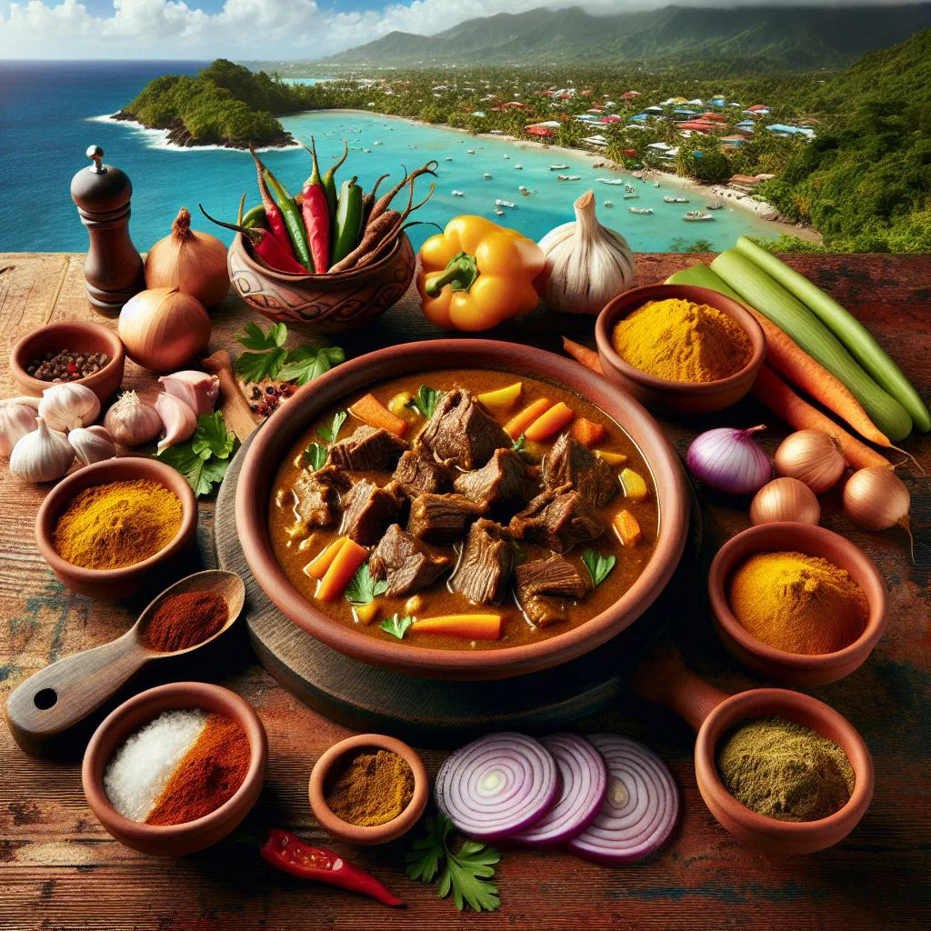 Curried goat in a rich golden curry sauce served with rice and peas