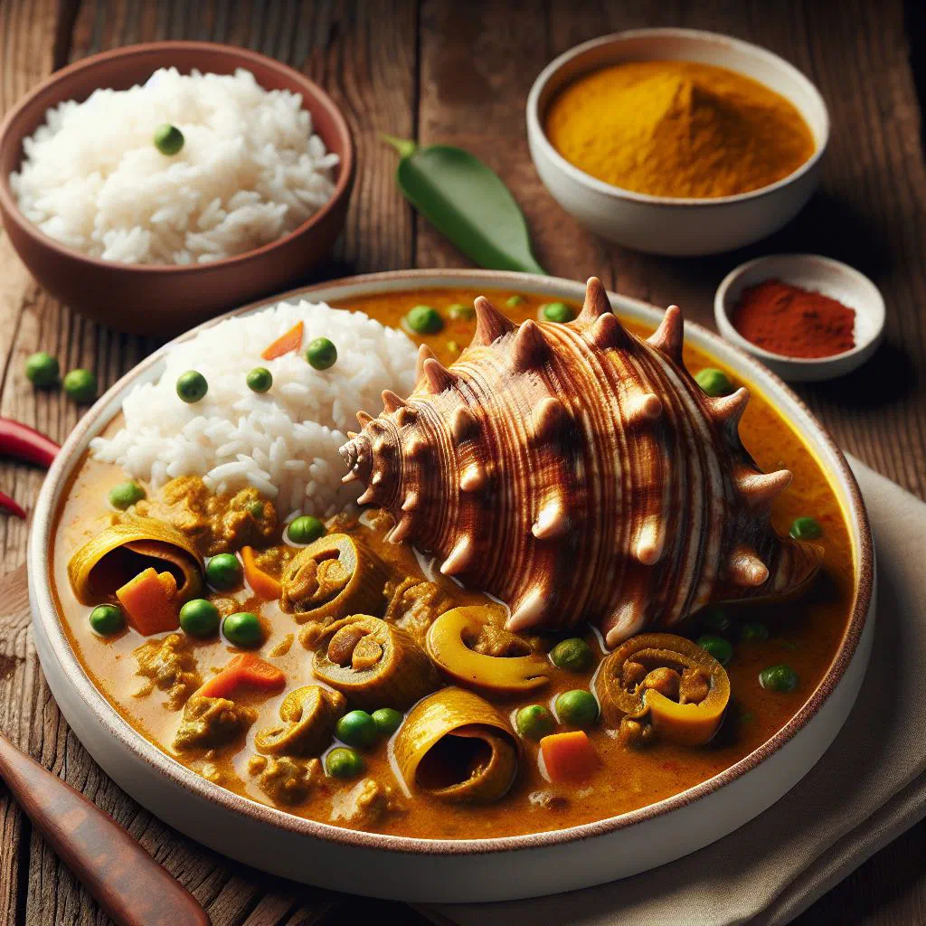 Curry conch in creamy coconut sauce garnished with fresh coriander
