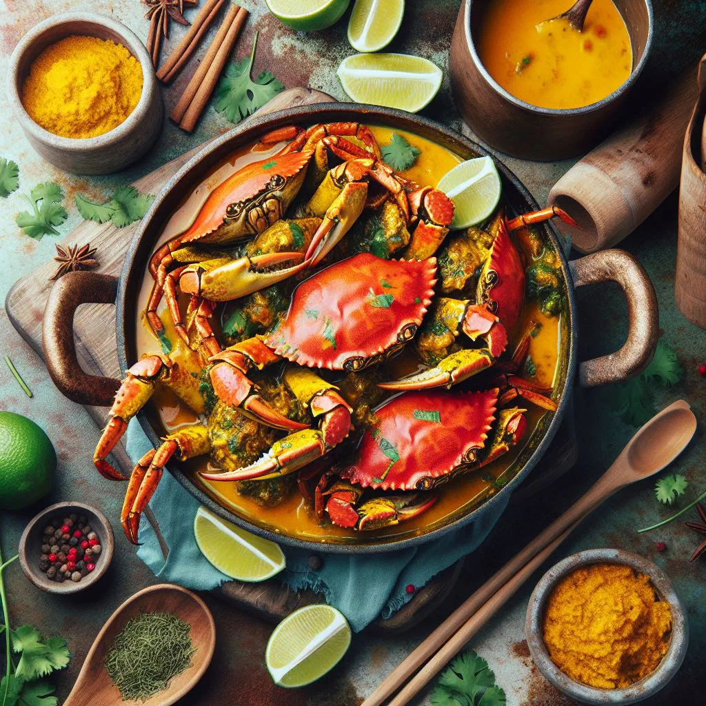 Curry crab in a creamy coconut curry sauce with fresh herbs and lime