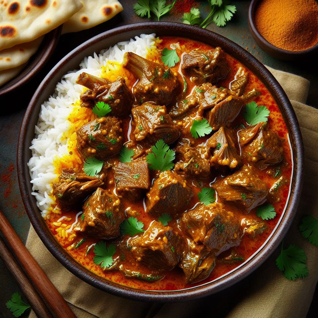 Caribbean curry goat in a bowl with coconut sauce and fresh coriander