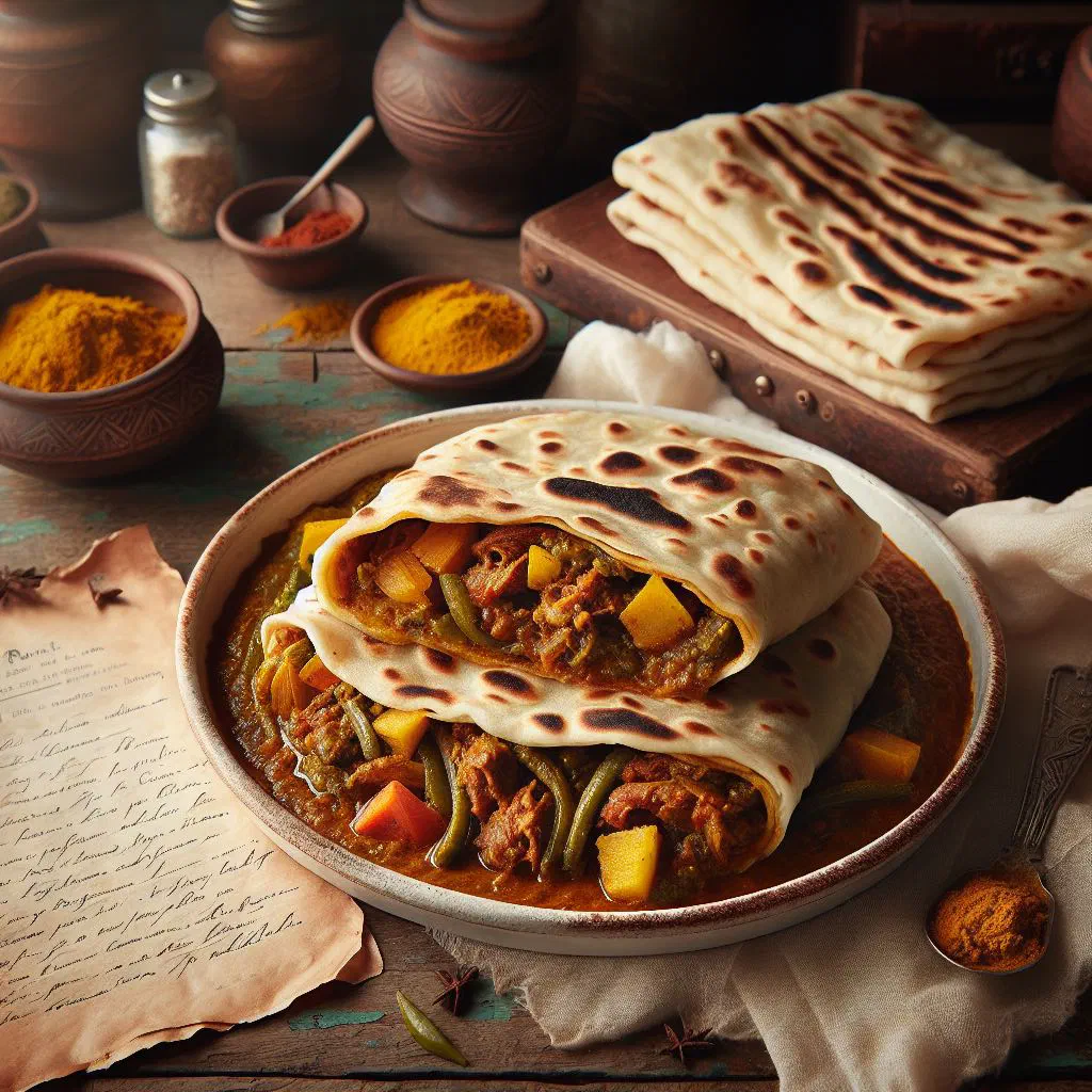 Curry roti filled with spiced meat and vegetables, folded on a plate