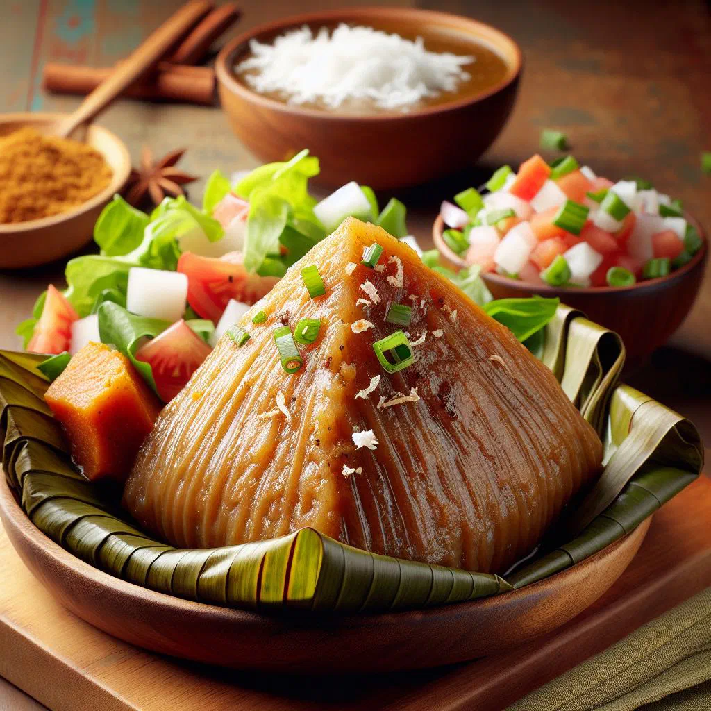Steamed dukuna parcels unwrapped from banana leaves on a rustic plate