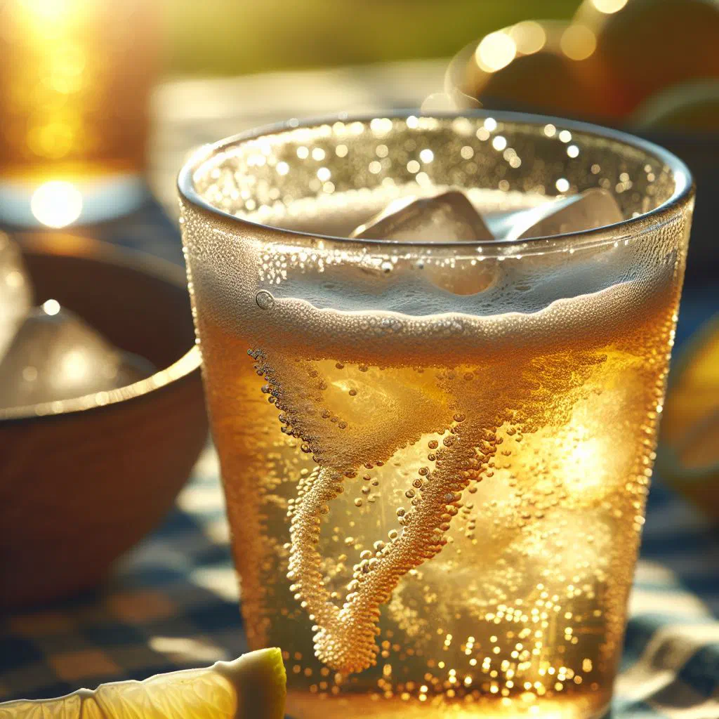 Glass of homemade ginger beer with ice cubes and fresh mint