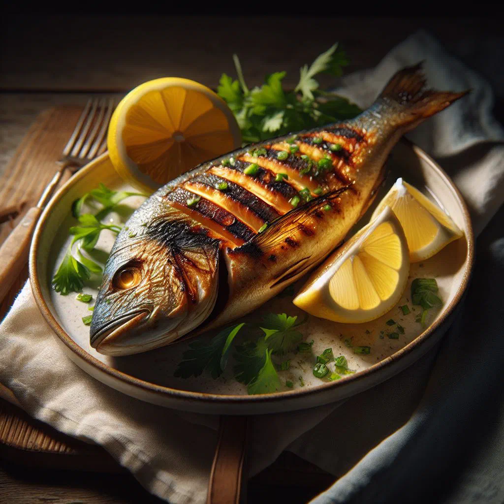 Grilled fish fillets with lemon wedges and fresh herbs on a plate