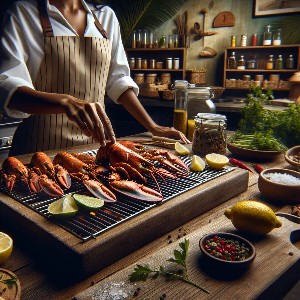 Grilled lobster tails with lemon and fresh herbs on a platter