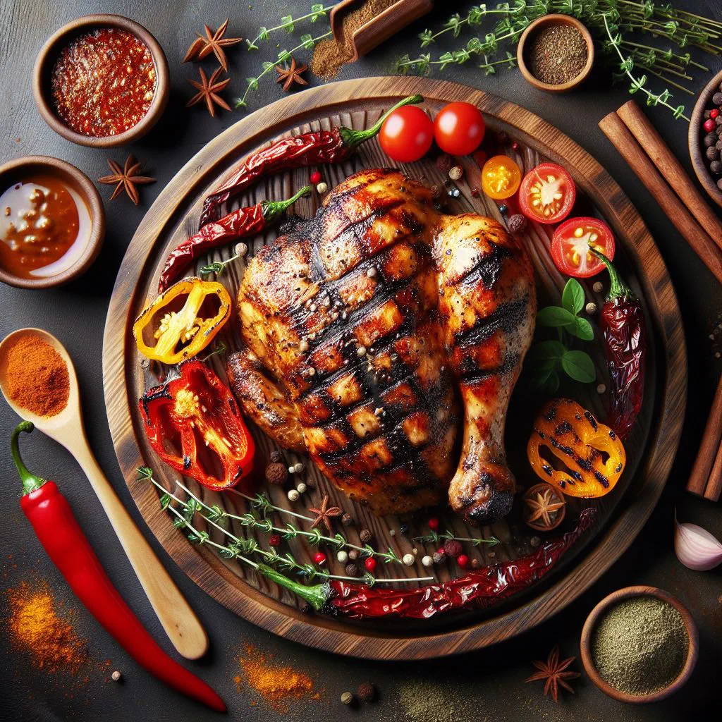 Grilled jerk chicken with charred spiced crust and fresh lime