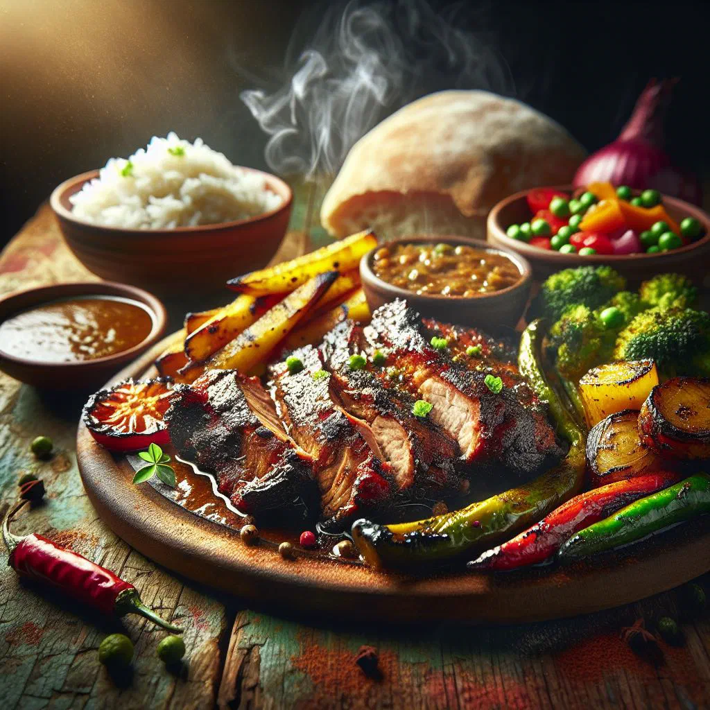 Grilled jerk pork with charred edges, lime wedges and fresh herbs