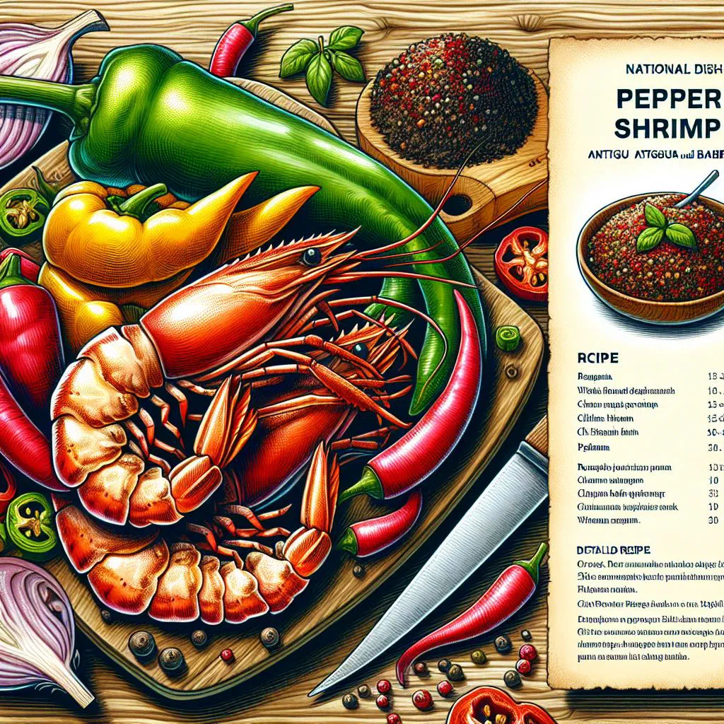 Pepper shrimp with peppers, herbs and lime wedges in a pan