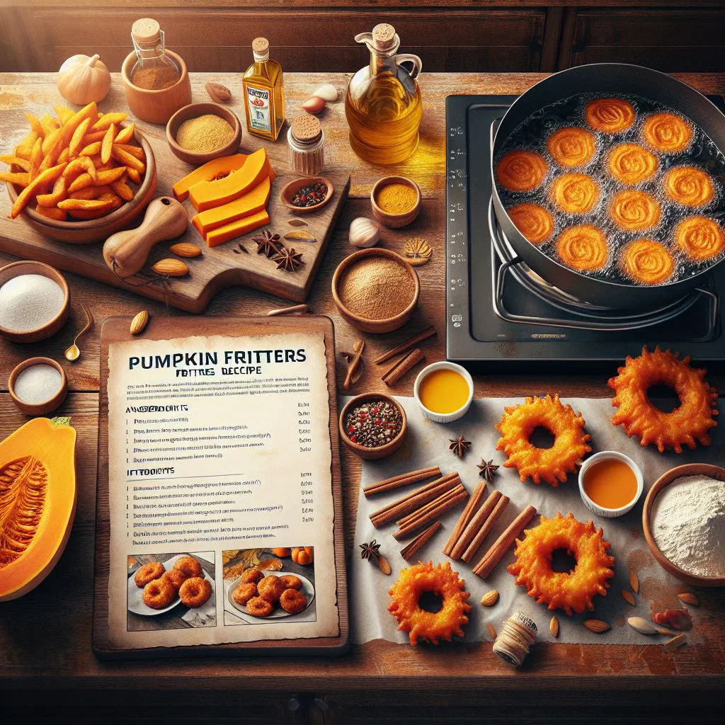 Golden pumpkin fritters dusted with icing sugar on a plate