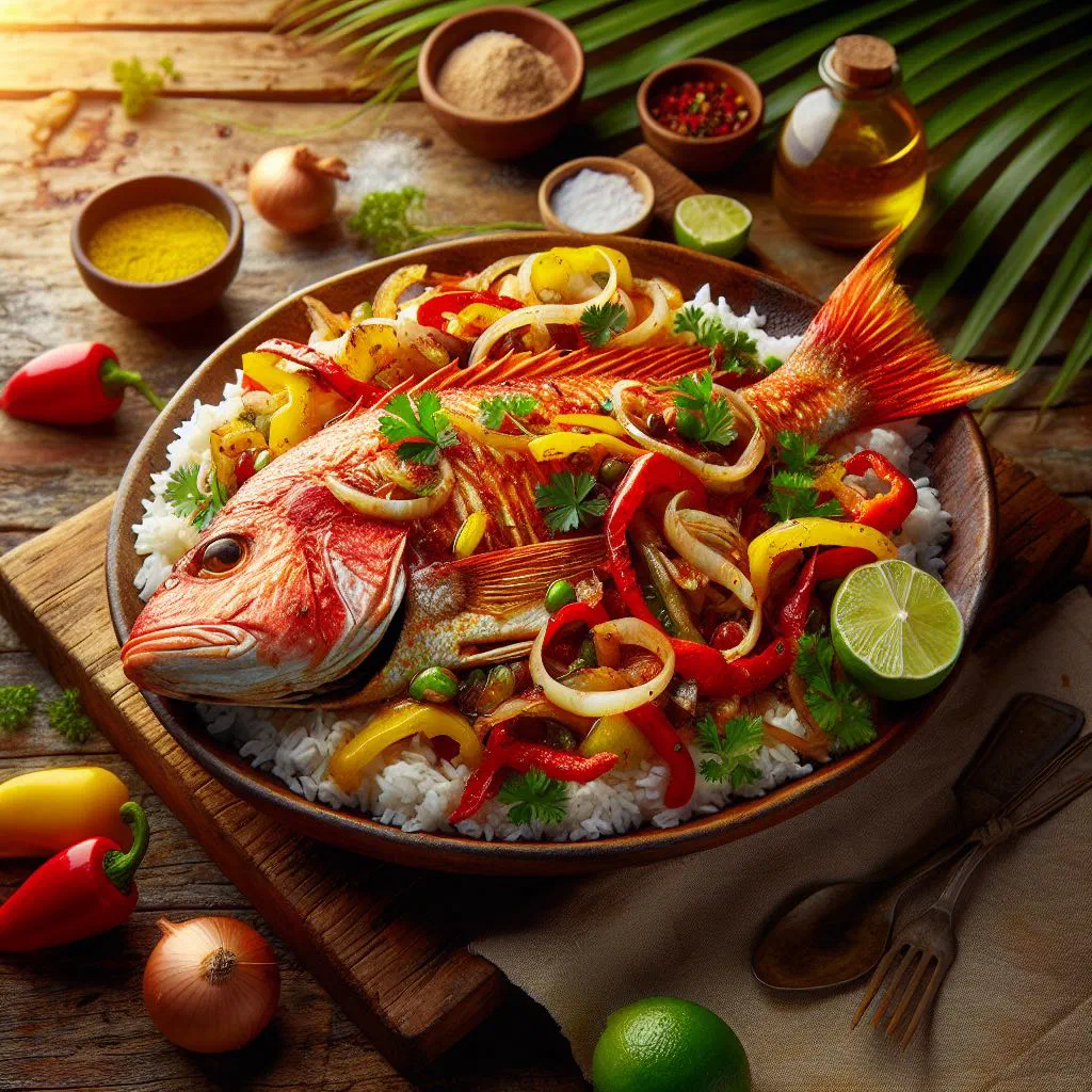 Fried red snapper topped with a vinegar escovitch marinade of onion, carrot and peppers