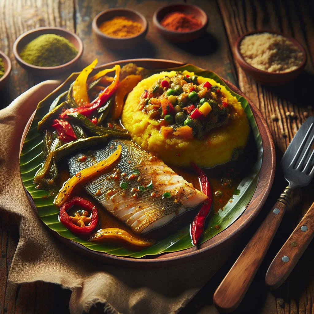 Flaked saltfish in a tomato and pepper sauce served with soft cornmeal fungi