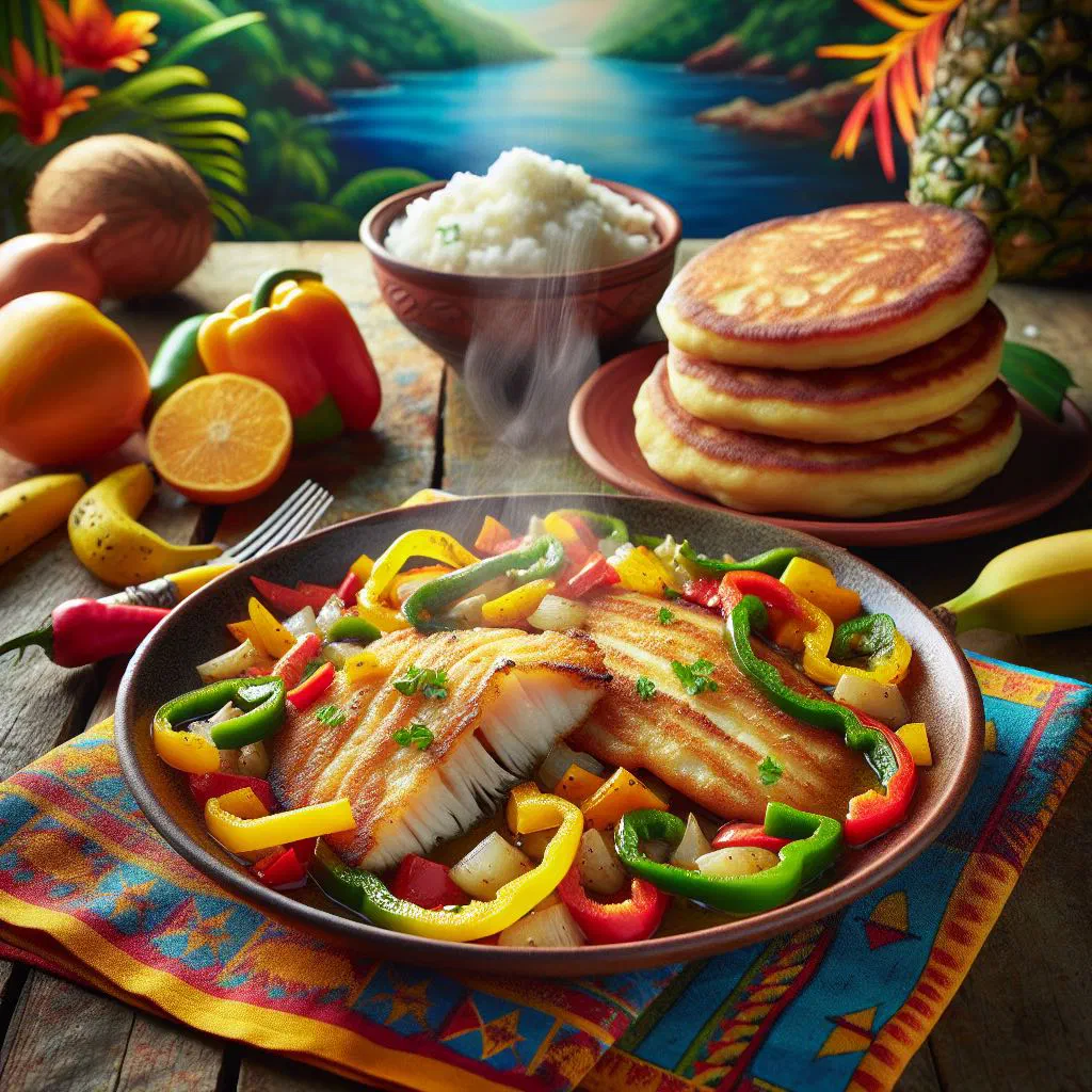 Flaked saltfish with peppers and onions served alongside golden fried johnny cakes
