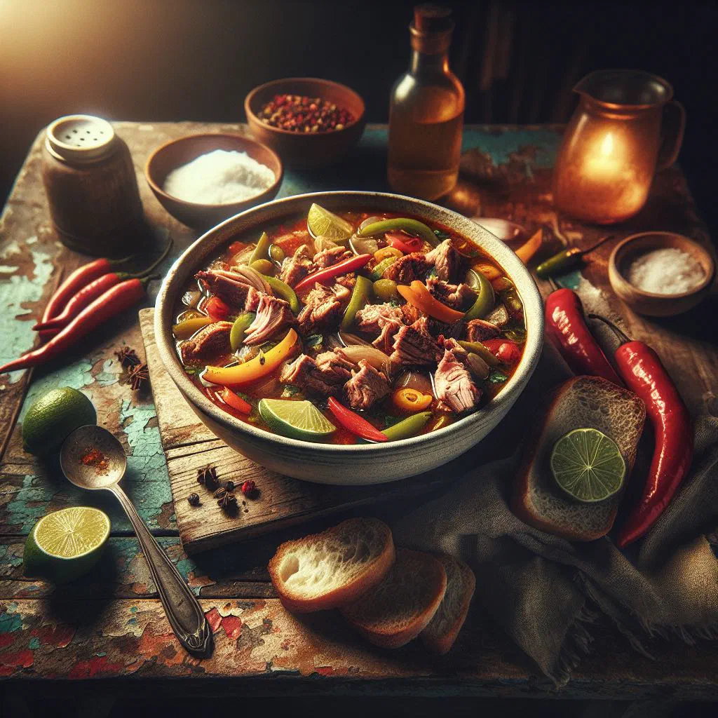 Bowl of Caribbean souse with lime, onions and peppers