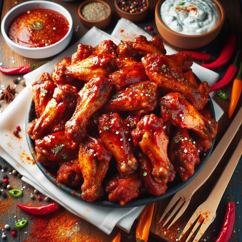 Grilled spicy chicken wings garnished with fresh coriander and lime wedges