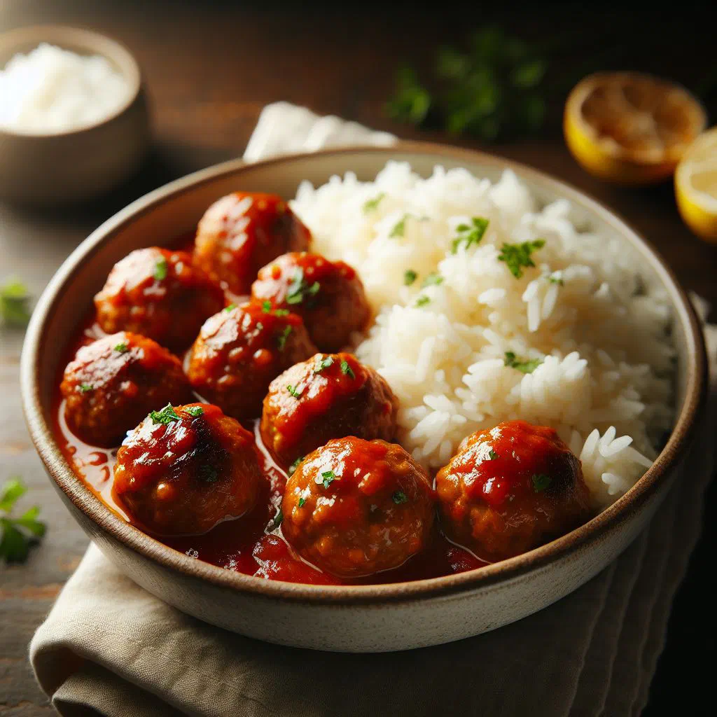Argentine meatballs in tomato sauce served with fluffy white rice