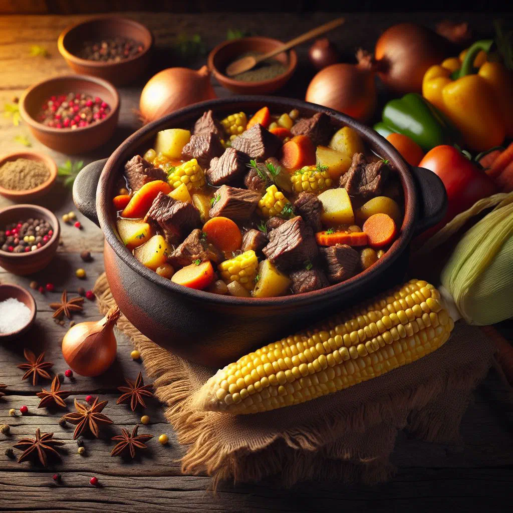 Hearty Argentinian carbonada criolla beef and vegetable stew garnished with parsley