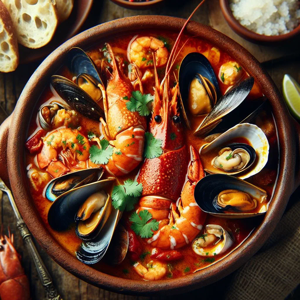 Argentinian seafood cazuela with prawns, mussels and squid in a rustic pan