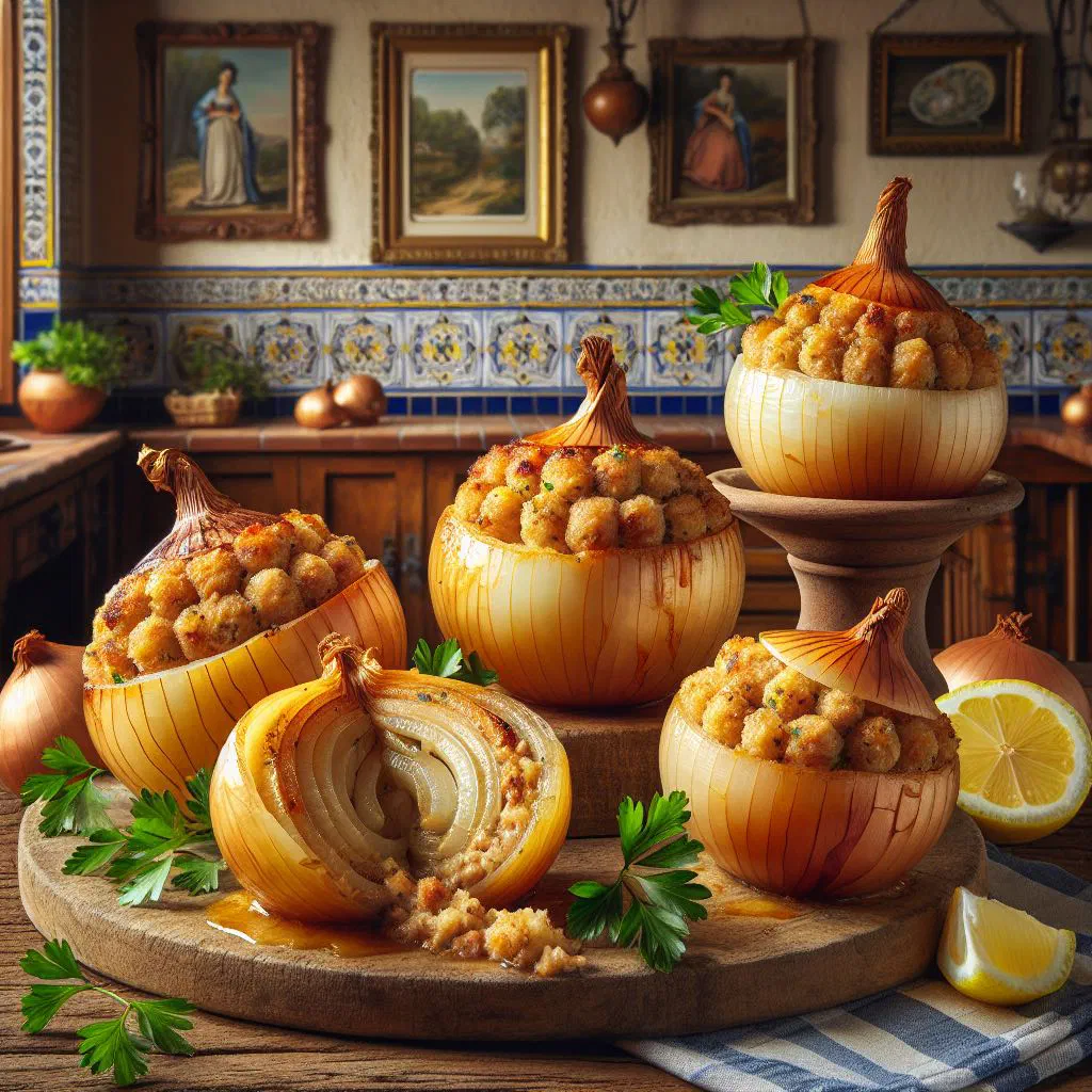 Baked stuffed onions filled with spiced minced beef and melted cheese