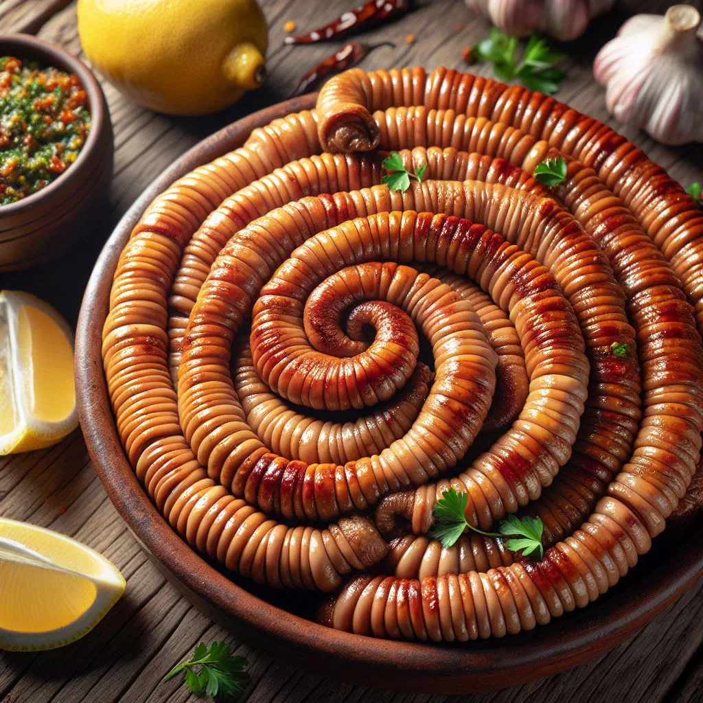 Grilled chinchulines coiled on a barbecue grate with lemon wedges