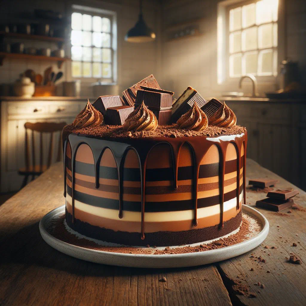 Layered chocotorta with chocolate biscuits, dulce de leche cream and cocoa dusting