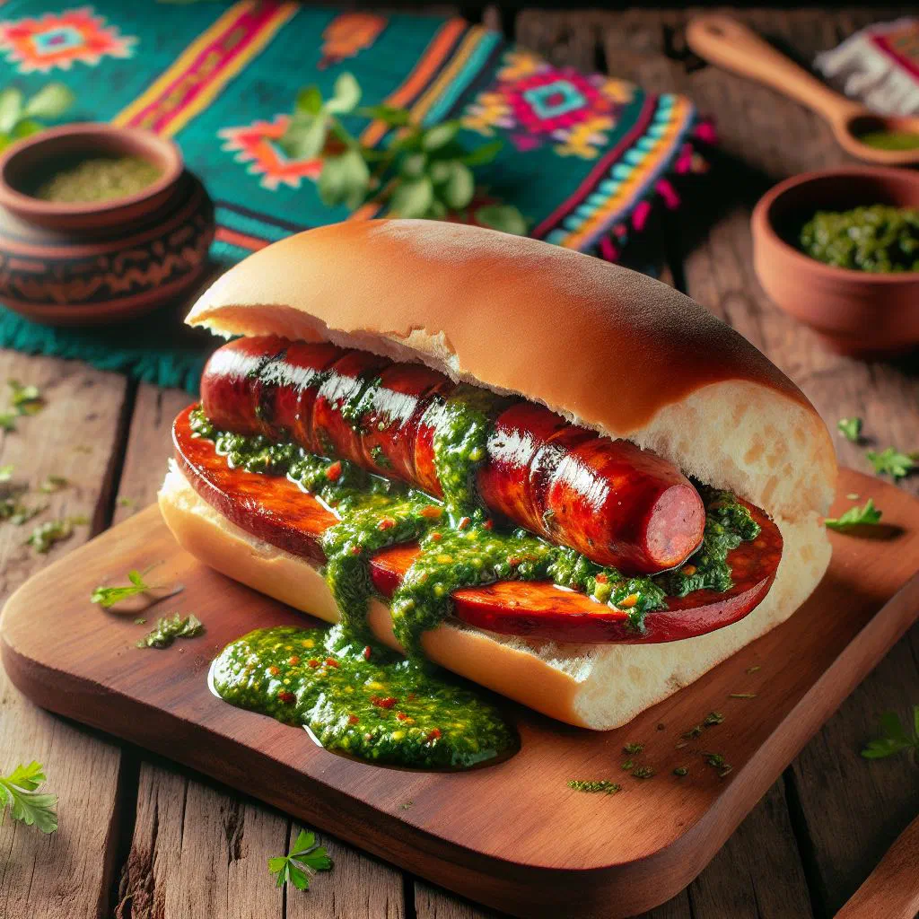 Grilled chorizo in crusty bread topped with chimichurri sauce