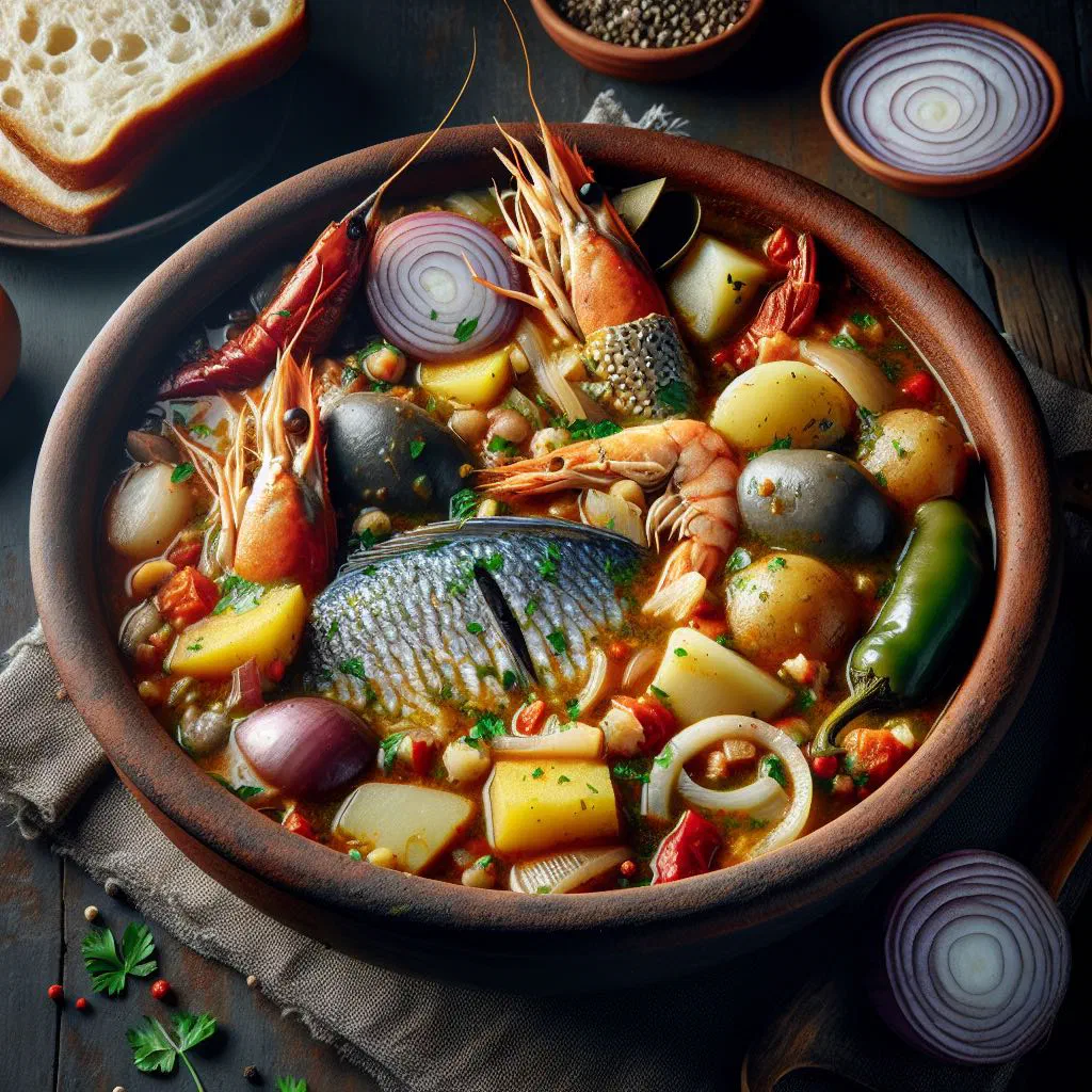 Argentine chupín de pescado fish stew with vegetables and fresh herbs in a bowl
