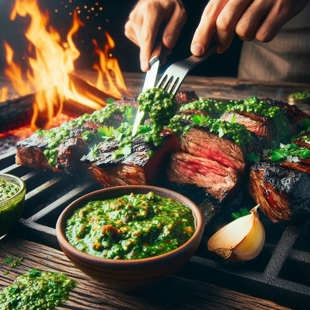 Grilled beef steak sliced on a wooden board with green chimichurri sauce