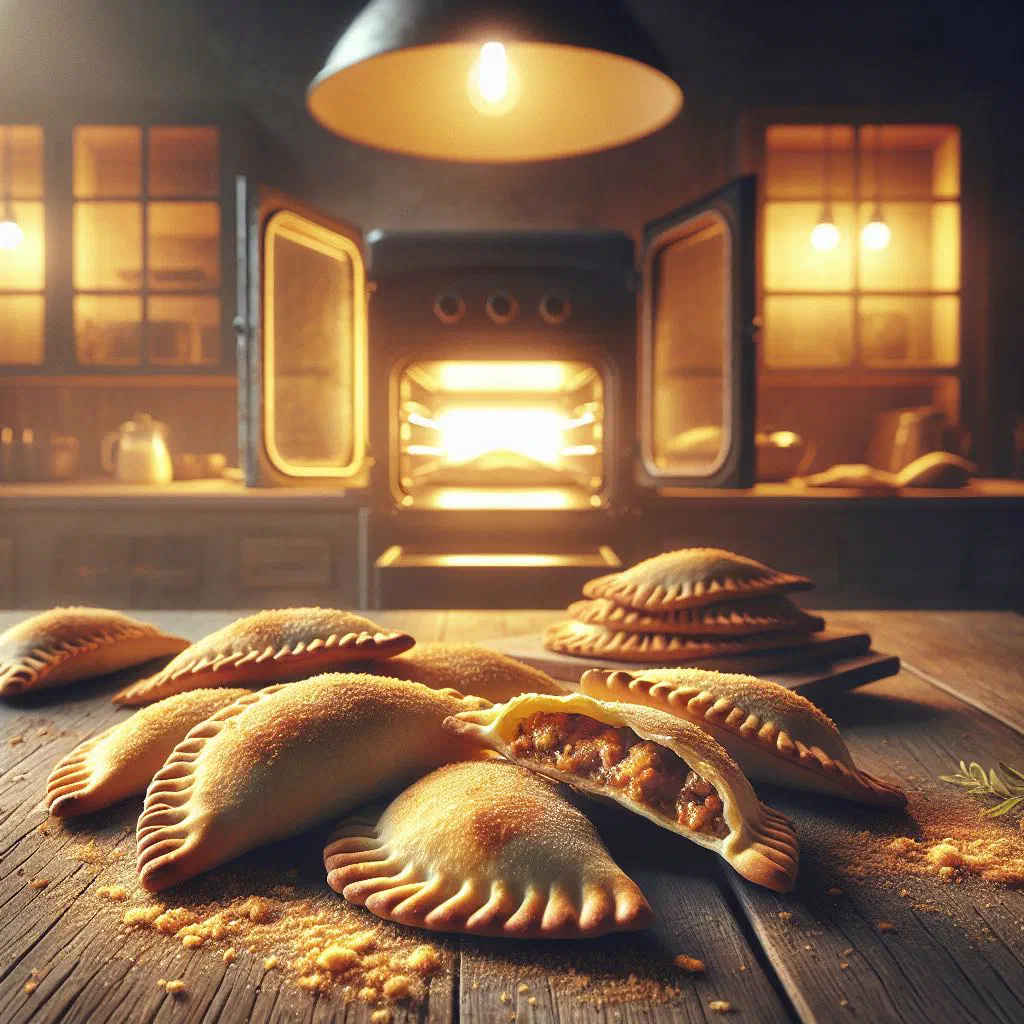 Golden baked Argentine empanadas with crimped edges on a plate