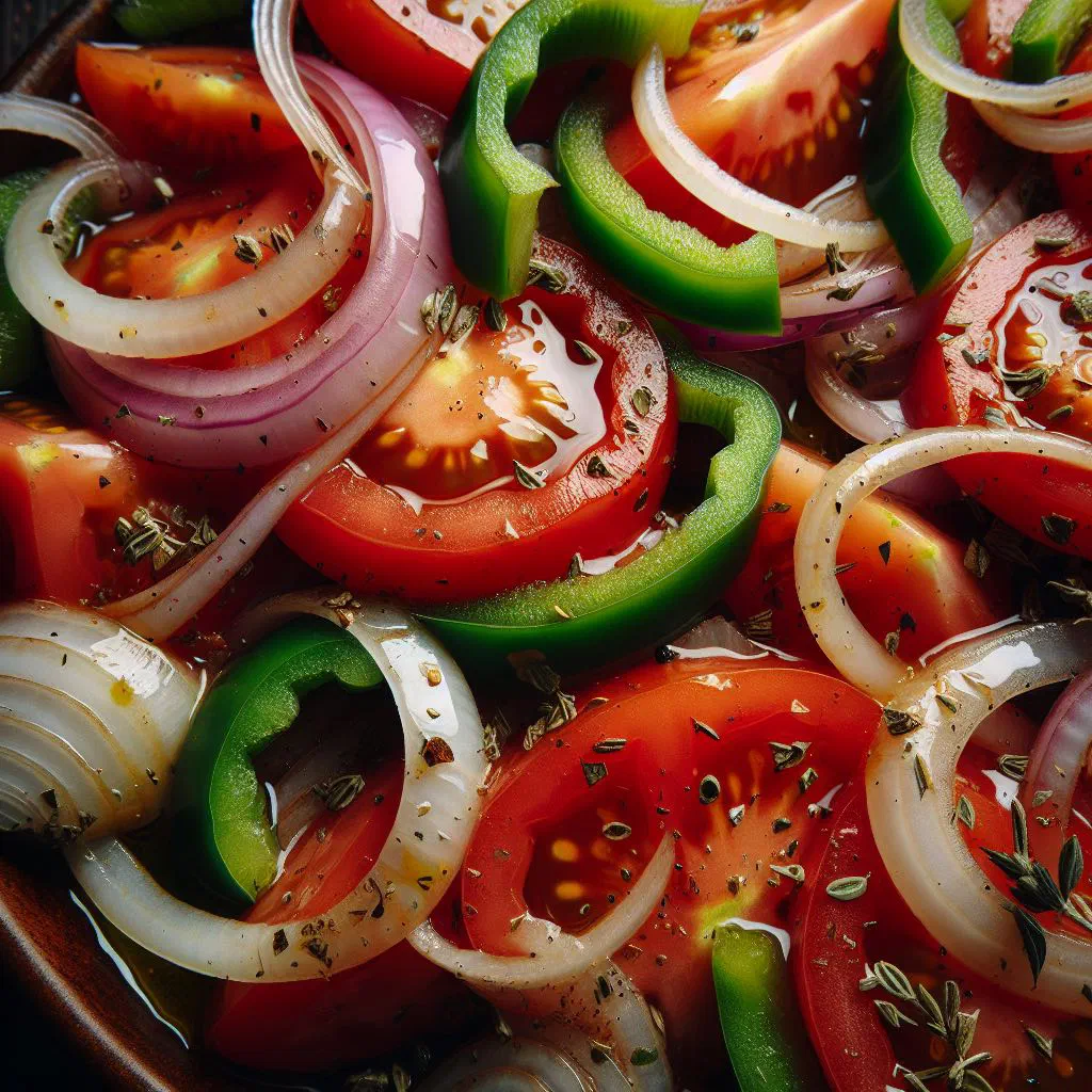 Bowl of ensalada criolla with chopped tomatoes, peppers, onions and parsley