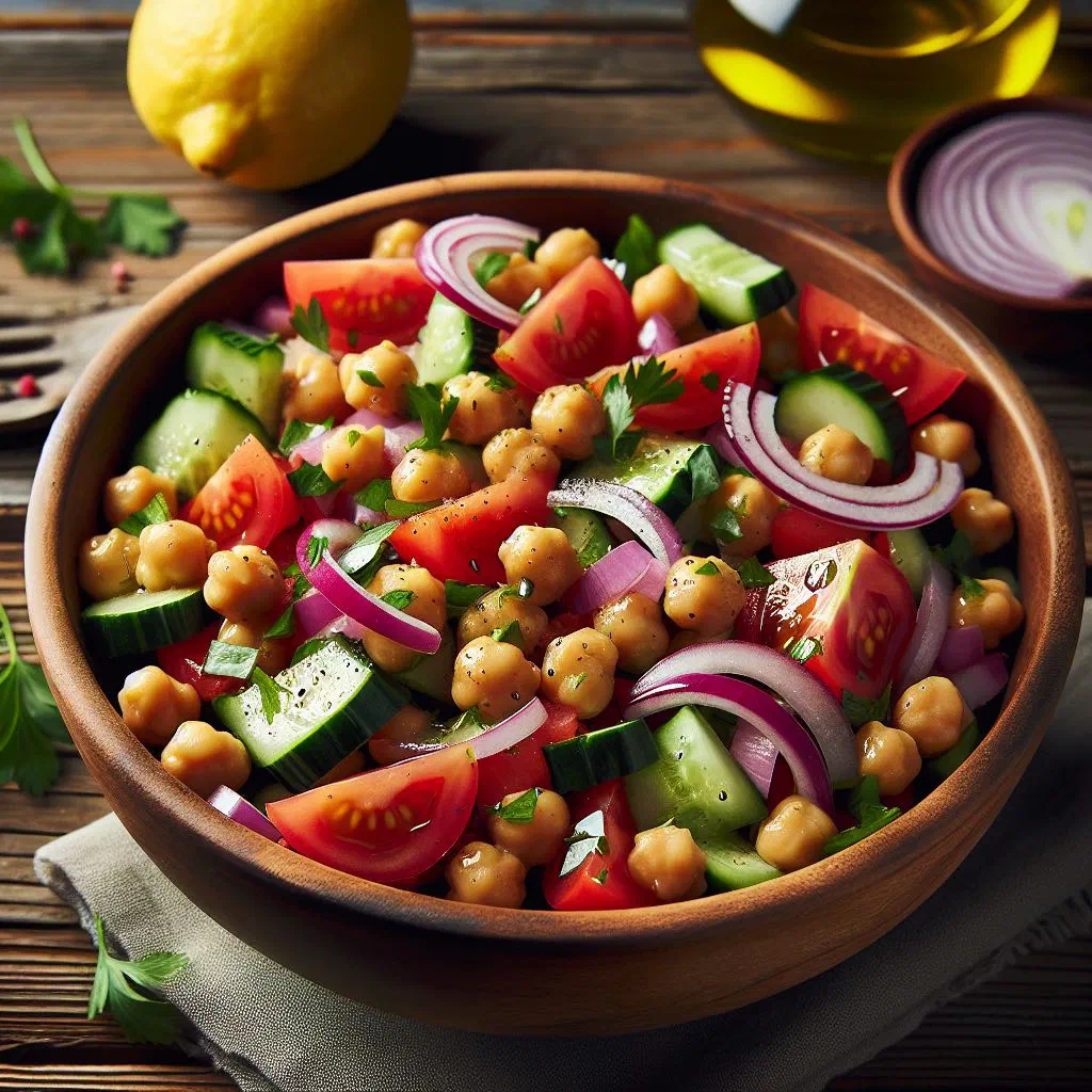 Argentinian chickpea salad with peppers, cucumber and fresh parsley in a bowl