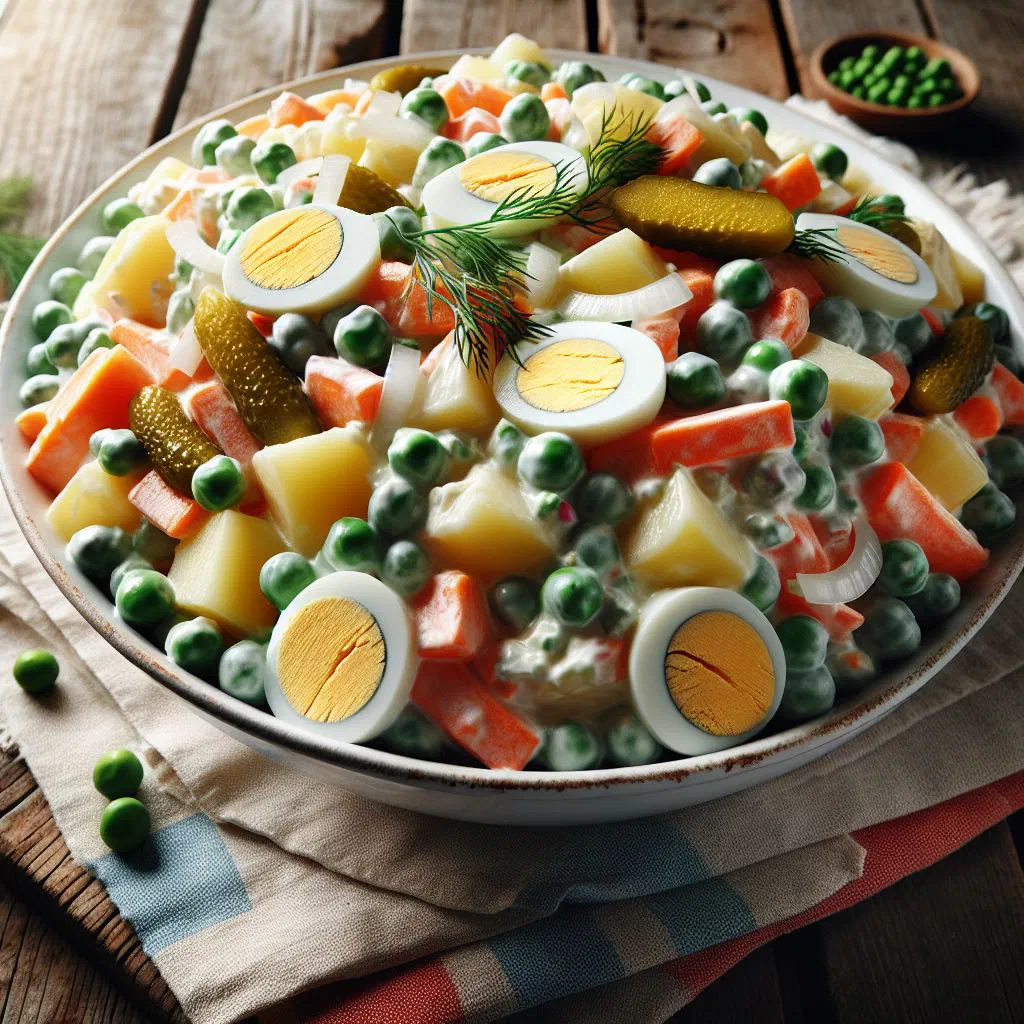 Creamy ensalada rusa with diced potatoes, carrots and peas in a bowl