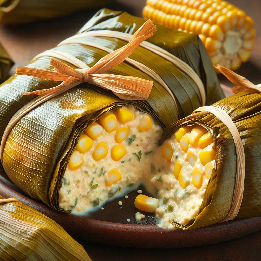 Steamed humita en chala parcels wrapped in corn husks on a rustic plate
