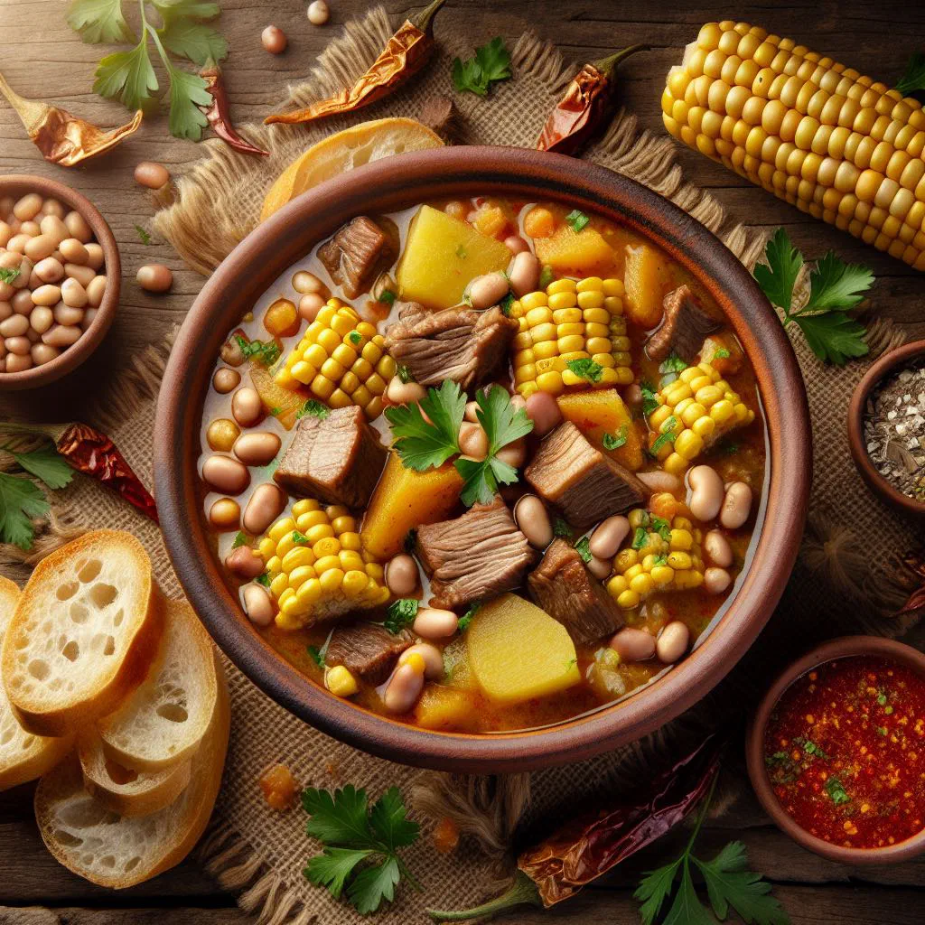Bowl of Argentine locro stew with beans, pumpkin and meat, garnished with fresh herbs