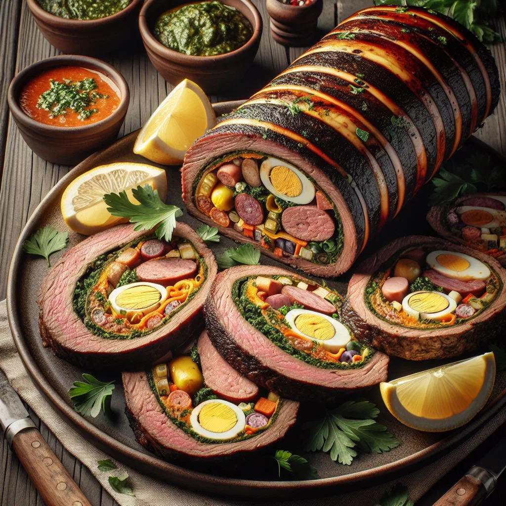 Sliced matambre arrollado showing the spiralled vegetable and egg filling