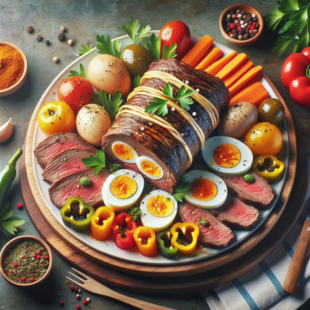 Sliced stuffed matambre beef roll with herbs and vegetables