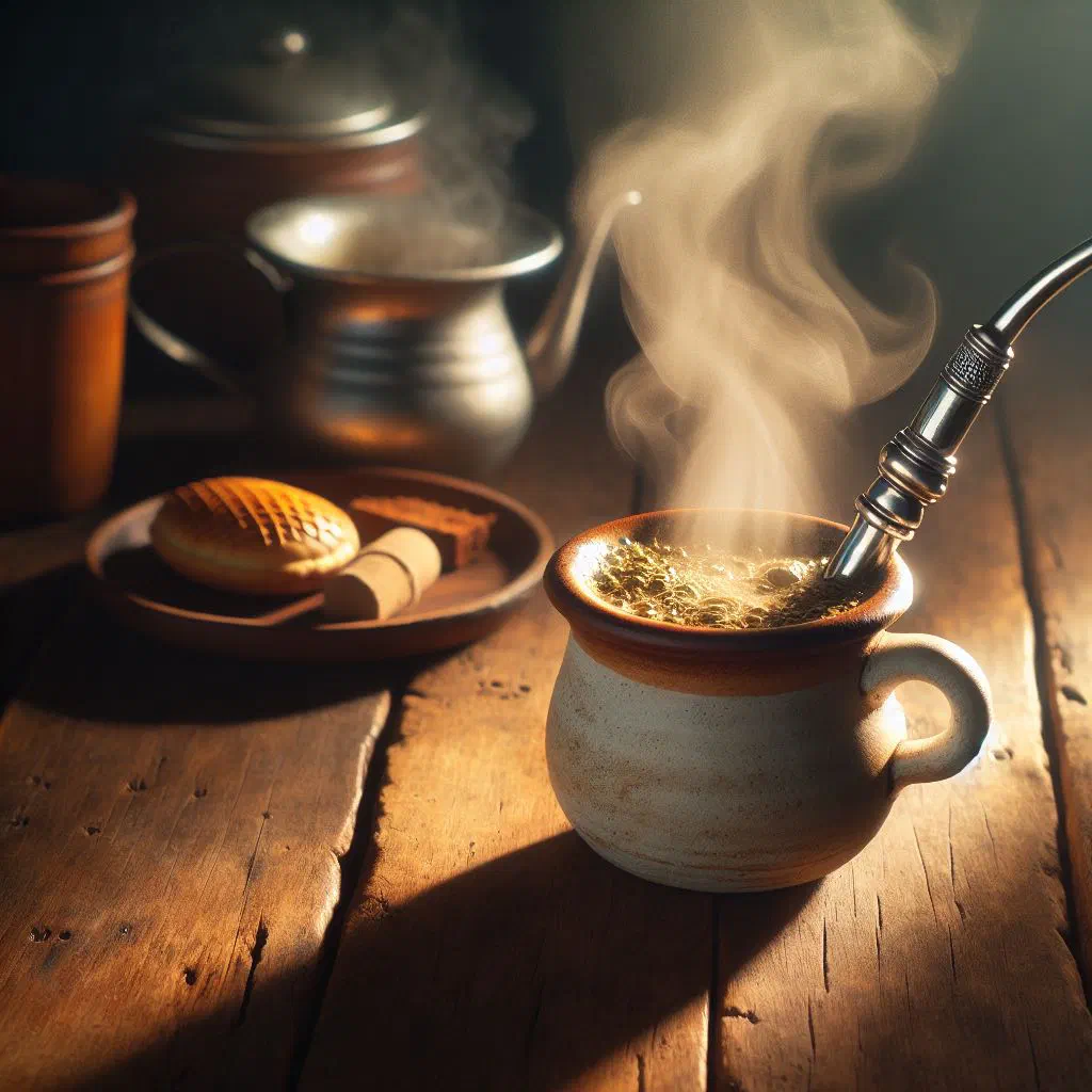 A steaming cup of mate cocido served with a slice of lemon