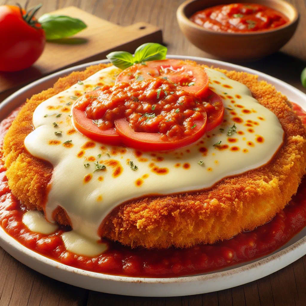 Breaded beef cutlet topped with ham and melted cheese on a plate