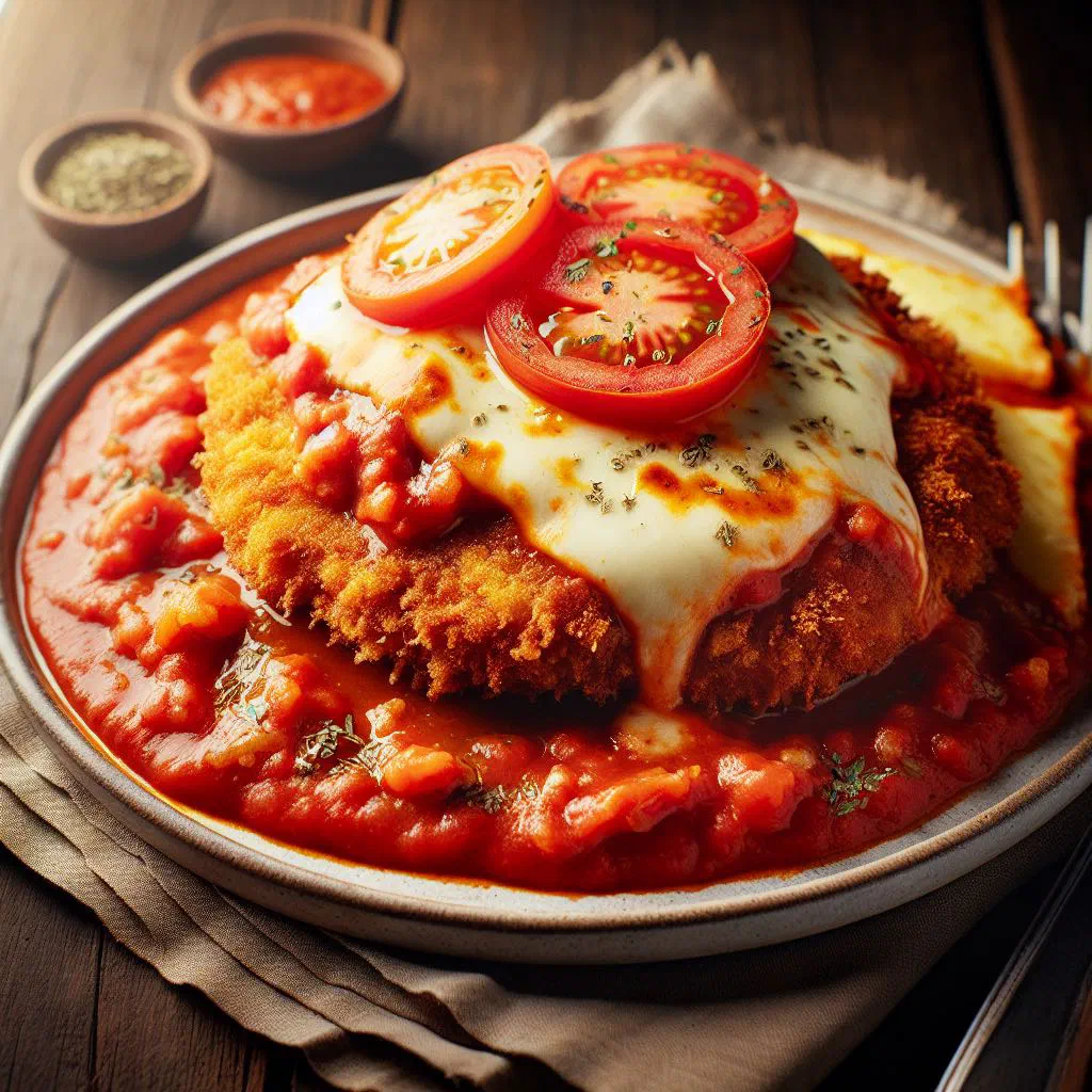 Milanesa napolitana topped with ham, melted cheese and tomato sauce, served with chips