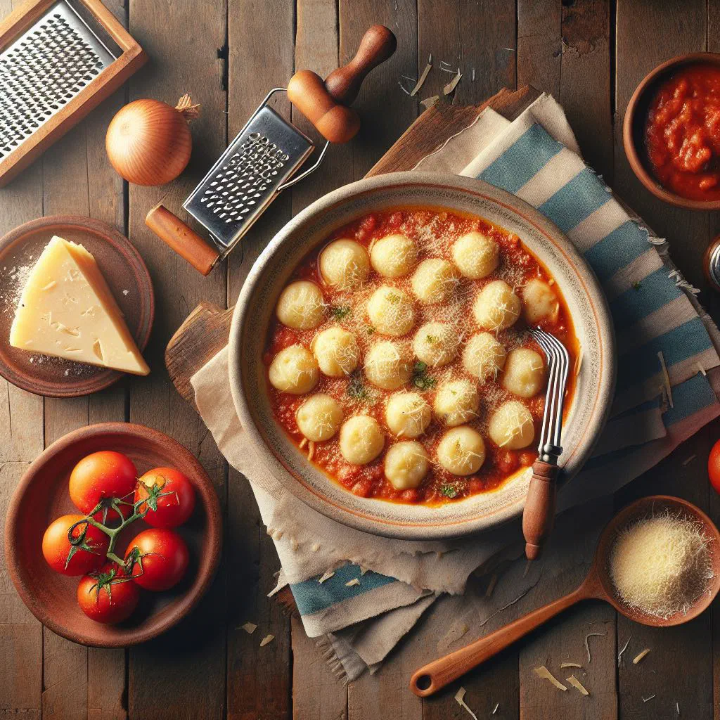 Ñoquis del 29 in tomato sauce with grated cheese and fresh basil