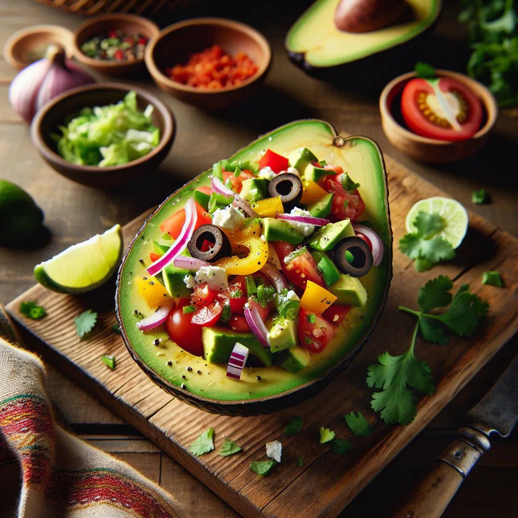 Stuffed avocado halves filled with tuna, tomato and fresh herbs