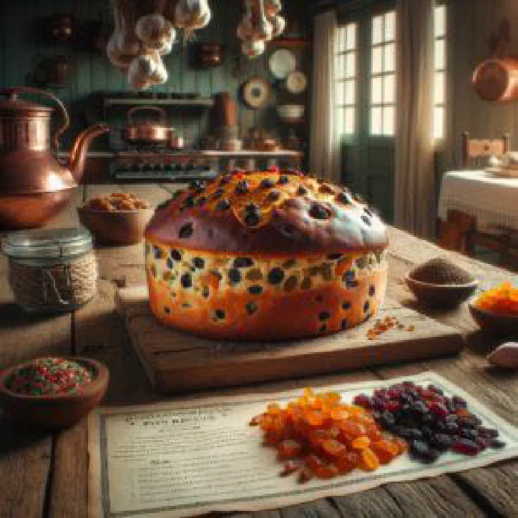 Sliced pan dulce studded with dried fruit and nuts on a wooden board