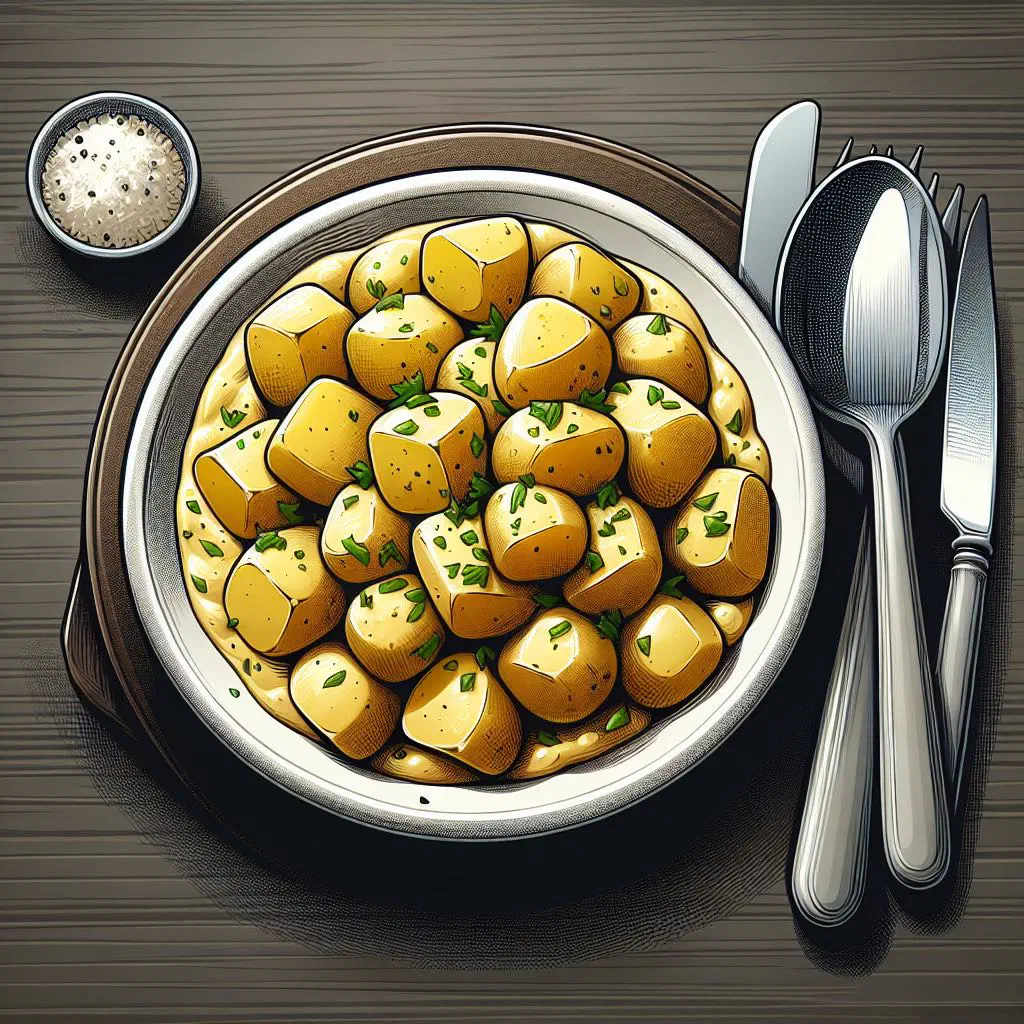 Creamy sliced potatoes in a deep dish topped with fresh herbs