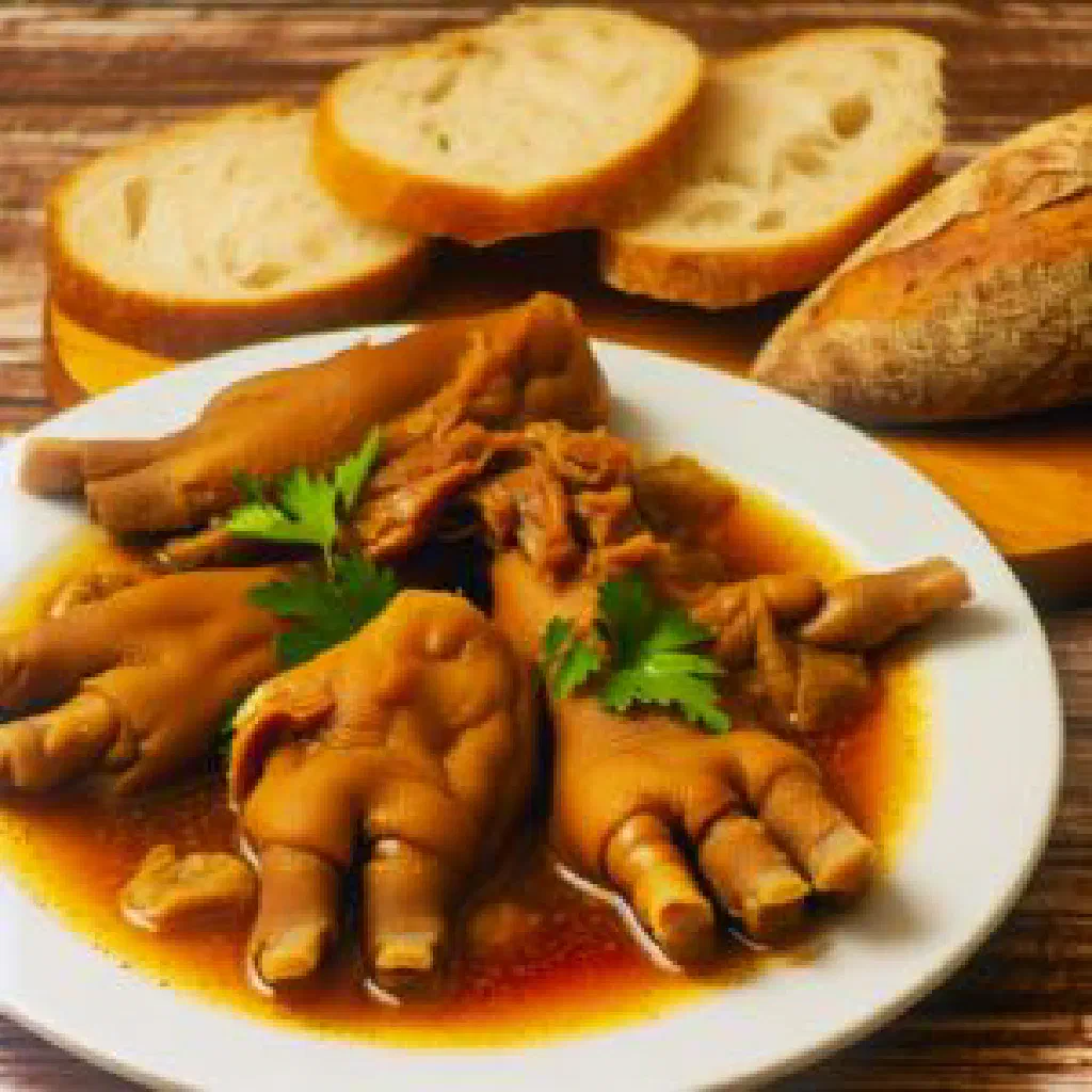Slow-braised Argentinian pork trotters in a rustic bowl with carrots and parsley