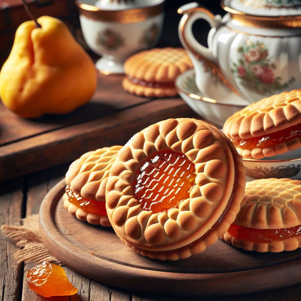 Golden Argentine pepas biscuits filled with dark quince paste on a plate